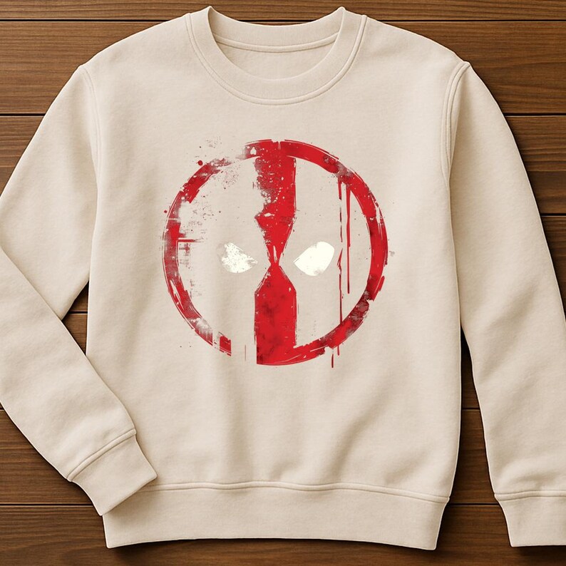 May include: A cream-colored sweatshirt featuring a large, distressed red graphic of a character's mask. The design includes a circular outline with white eye shapes and red paint splatter details. The sweatshirt has a crew neck and long sleeves.