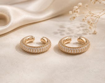 Brinco de pressão com pavé de ouro 14k, joia em prata de lei com zircônias cúbicas, brincos minimalistas sem furo na orelha.