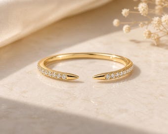 14k Gold Open Claw Ring, Micro Pavé CZ Band, Minimalist Dainty Stacking Jewelry