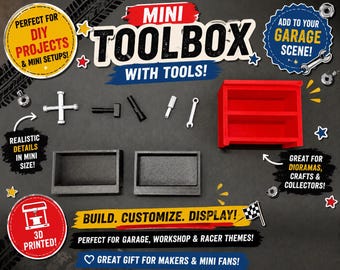 May include: A red mini toolbox with tools, including a wrench and hammer, and two gray storage boxes. The image includes text that says "Mini Toolbox with Tools!" and "Build. Customize. Display!" Great for dioramas, crafts, and collectors.