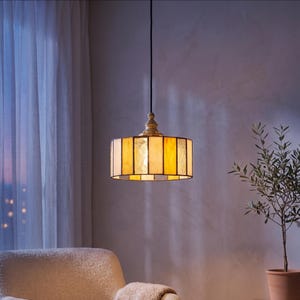 Yellow Cylindrical Tiffany Ceiling Lamp – Hanging Ceiling Lamp Pendant Light with Stained Glass Shade, Modern Unique Hanging Lamp Design