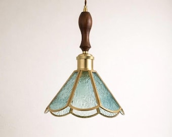 Teal Stained Glass Pendant Lamp – Scalloped Tiffany Style Hanging Ceiling Lamp with Wooden Detail
