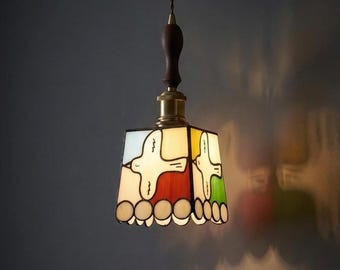 Handcrafted Stained Glass Bird Pendant Lamp – Colorful Hanging Ceiling Light with Wood Detail