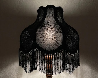 Handmade Black Victorian Lampshade with Lace & Fringe - Rustic 1960s Lamp Shades