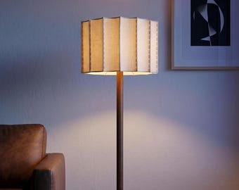 Modern Oak Wood Floor Lamp – Wabi Sabi Fabric Shade, Scandi Architectural Trapezoid Pedestal