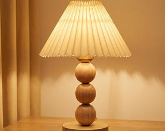 Wooden Spherical Base Lamp – Pleated Fabric Shade, Modern Bedside Decor