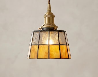 Yellow Tiffany Pendant Lamp – Handmade Copper Stained Glass Hanging Ceiling Lamp Vintage Style