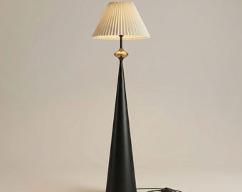 Modern Walnut Cone Base Floor Lamp – Pleated Shade, Mid-Century Style Lighting
