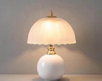 Ceramic Globe Table Lamp – Pleated Frosted Glass Shade, Vintage Decorative Lighting