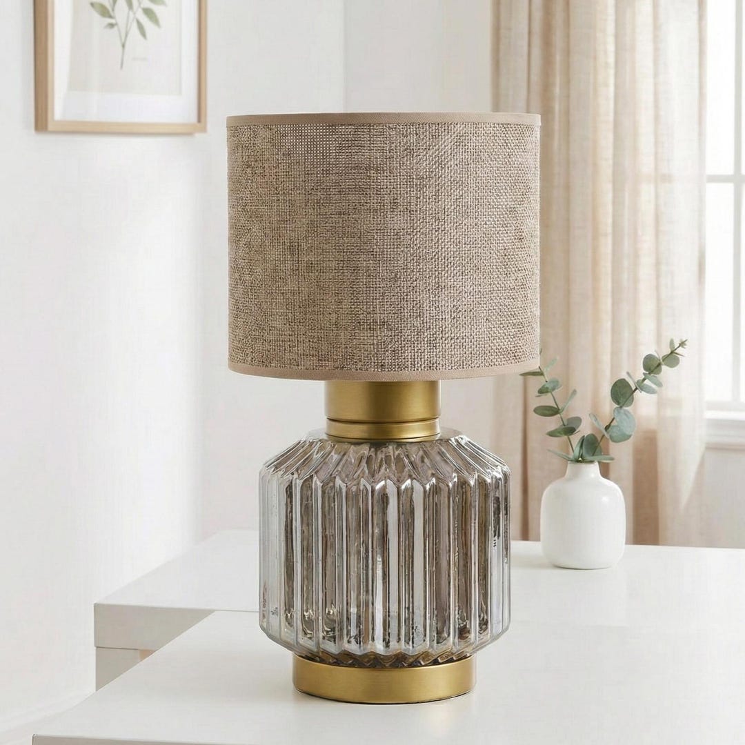 Smoked Glass Table Lamp With Fabric Shade Vintage Style Bedside Lamp — free download