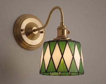 Green Tiffany Copper Wall Light – Handmade Vintage Stained Glass Bedroom Sconce