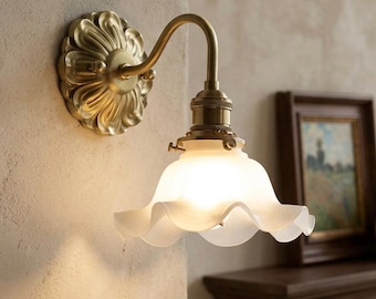 Aplique de pared de vidrio esmerilado con forma de flor y aplique de pared de cobre – Lámpara de pared de vidrio, decoración vintage para dormitorio, aplique de pared Art Déco
