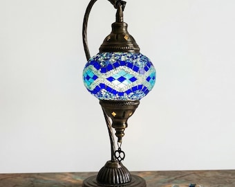Handmade Blue Turkish Mosaic Table Lamp – Vintage Art Deco Bedside Desk Light