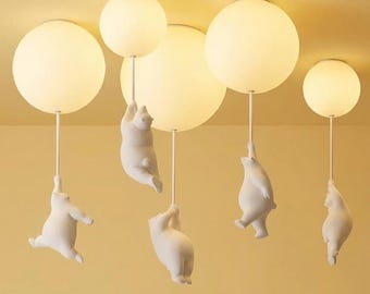 Cartoon Bear Globe Ceiling Lamp – Resin Animal Pendant Light for Kids Room