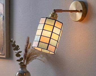 Geometric Cylinder Pastel Checkered Glass Wall Sconce – Rotatable Tiffany Style Copper Wall Lamp for Bedside - Bathroom