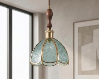 Textured Green Glass Pendant Lamp – Brass Frame, Wood Detail Modern Lighting
