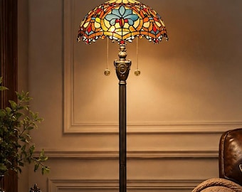 Tiffany Style Floor Lamp - Vintage Stained Glass Standing Light - Antique Bronze Finish Iron Tall Lamp for Living Room & Foyer