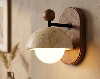 Artisan Yellow Travertine Wall Sconce – Oval Wood Bracket White Glass Globe Wall Lamp – Modern Iron Arm Hallway Ambient Light