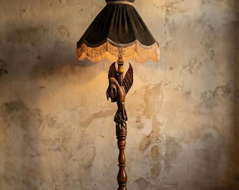 Antique Handmade Bird Figure Wooden Floor Lamp with Fabric Fringe Lampshade
