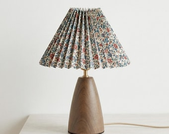 Pleated Retro LED Table Lamp - Walnut Wood Base, Vintage Bedside Light