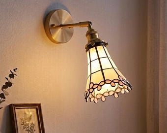 Scalloped Pink Flower White Glass Wall Sconce – Rotatable Tiffany Style Copper Wall Lamp for Bathroom - Bedside