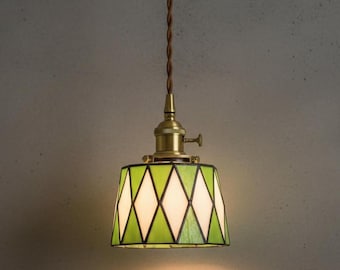 Green Tiffany Pendant Lamp: Hanging Lamp with Brass Finish, Unique Vintage Ceiling Light