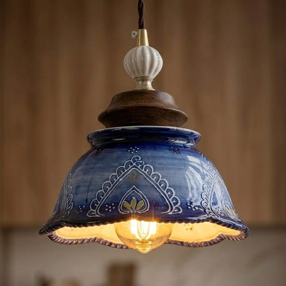Scalloped Cobalt Blue Ceramic Pendant Light – Bohemian Floral Porcelain Hanging Fixture