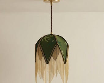 Handmade Green Fabric Fringe Pendant Lamp – Vintage Boho Modern Tassel Ceiling Light