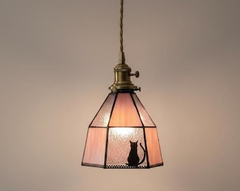 Tiffany Pendant Lamp with Cat Silhouette – Pink & Clear Unique Hanging Ceiling Lamp