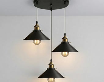 Industrial Modern Pendant Ceiling Lamp – Matte Black Metal Hanging Light with Brass Detail
