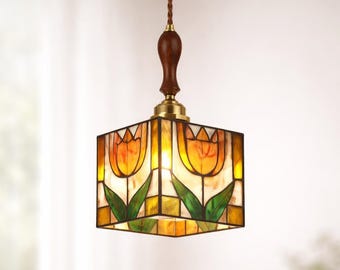 Handcrafted Tulip Stained Glass Pendant Lamp – Geometric Cube Ceiling Light with Wood Detail