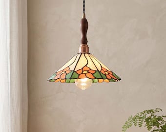 Floral Stained Glass Pendant Lamp – Wide Shade, Wood Accents, Nordic Modern Lighting