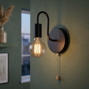Könnte beinhalten: Schwarze Wandleuchte mit gebogenem Arm und rundem Sockel. Sie hat eine große, klare Edison-Glühbirne mit sichtbaren Filamenten. Eine Zugkette mit einem Holzschalter hängt herunter. Die Leuchte ist an einer dunkelgrünen Wand montiert.