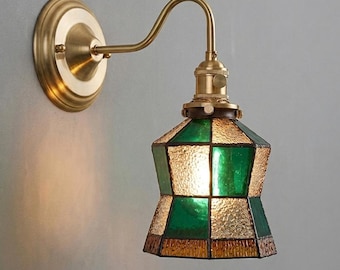 Handmade Stained Glass Wall Sconce – Green Amber Glass, Antique Brass Gooseneck Lamp