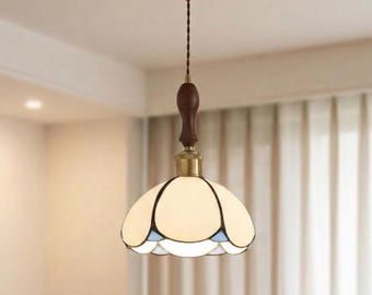 Vintage Glass Pendant Lamp – Wooden Detail, Modern Lighting, Adjustable Cord