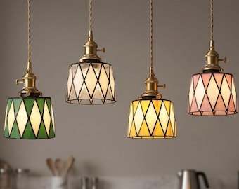 Lámpara de techo colgante Tiffany colorida, lámpara colgante de vidrieras, lámpara moderna única, lámpara colgante de cobre vintage