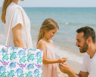 Torba plażowa z żółwiem morskim – Coastal Ocean Tote, torba plażowa z nadrukiem żółwia, duża torba letnia na plażę i wakacje