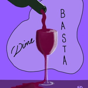 Puede incluir: Ilustración de una botella de vino vertiendo vino tinto en una copa, con las palabras "Dime Basta" en un diseño morado y blanco. El fondo es de color morado sólido.
