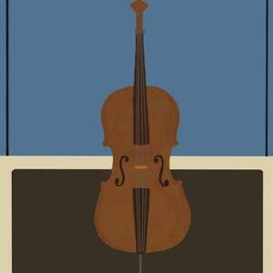 Puede incluir: Ilustración de un violonchelo marrón con cuerdas negras sobre un fondo azul y marrón. El fondo está dividido en dos secciones: una sección superior azul y una sección inferior marrón. El violonchelo tiene un pica.