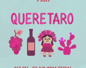 Queretaro Embroidery Design | Mexican Doll, Wine Bottle, Grapes & Nopal Cactus | Mexico Culture Trendy Design