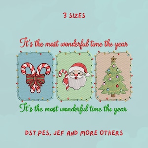 Könnte beinhalten: Gestickte Weihnachtsdesigns mit einer Zuckerstange mit Schleife, dem Weihnachtsmann mit einer Zuckerstange und einem geschmückten Weihnachtsbaum. Der Text "It's the most wonderful time the year" erscheint oberhalb und unterhalb der Designs. Der Text "3 SIZES" und Dateiformate sind ebenfalls enthalten.