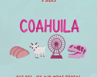 Coahuila Embroidery Design | Mexico State Icons | Goat, Tacos, Ferris Wheel & Dinosaur Skull | Mexican Culture Trendy Design