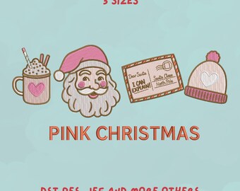 Pink Christmas Embroidery Design | Santa Design | Pastel Christmas Trendy Embroidery Design | Hot Cocoa, Holiday Design