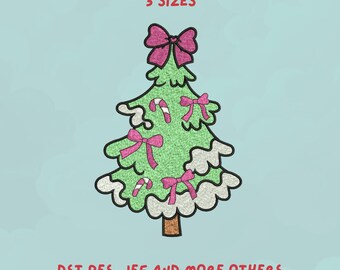 Cute Pastel Christmas Tree Embroidery Design | Pink Bow, Candy Cane Holiday | Cute Xmas Tree Trendy Christmas Embroidery Design