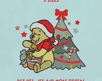 Winnie the Pooh Christmas Embroidery Design | Santa Pooh with Tree and Hunny Pot | Holiday Trendy Design