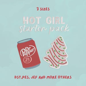 Broderidesign med startpaket för het tjej | Dr Pepper-läskburk och julgranskaka | Rolig högtid | Trendig broderidesign