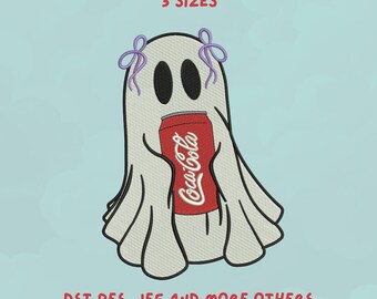 Cute Ghost with Coca Cola Embroidery Design | Funny Halloween Soda Can Design | Spooky Season Trendy Design