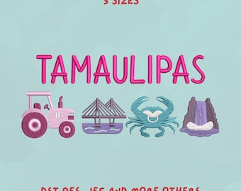 Tamaulipas Embroidery Design | Mexican State Icons Design | Tractor, Bridge, Crab, Waterfall | Trendy Design