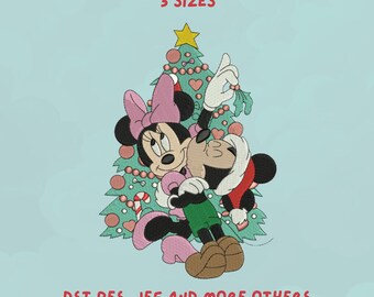 Mickey & Minnie Christmas Kiss Embroidery Design | Cute Holiday Tree Scene | Romantic Disney Christmas Trendy Design