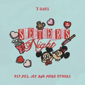 May include: A light blue graphic design featuring the words "Sweethearts Night" in red and white, along with cartoon characters and heart-shaped elements. The text "3 SIZES" and file formats are also included.